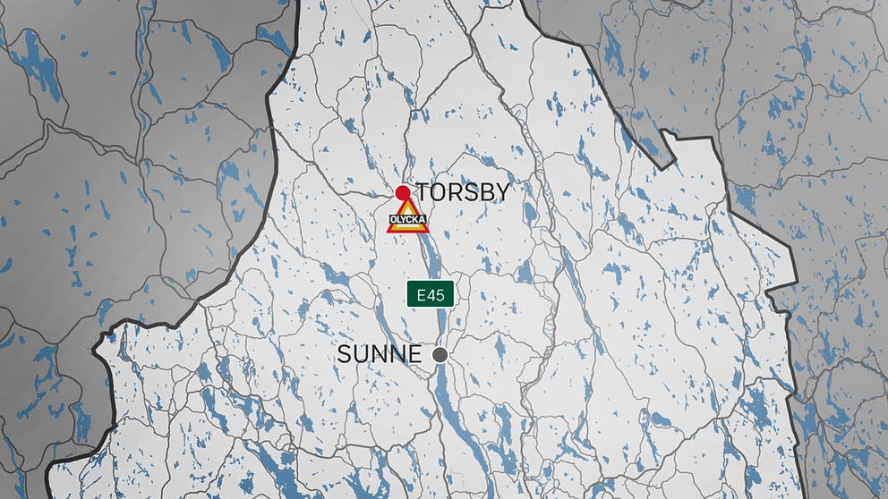 karta över del av värmland som visar vägen E45 mellan Sunne och Torsby där olyckan inträffade