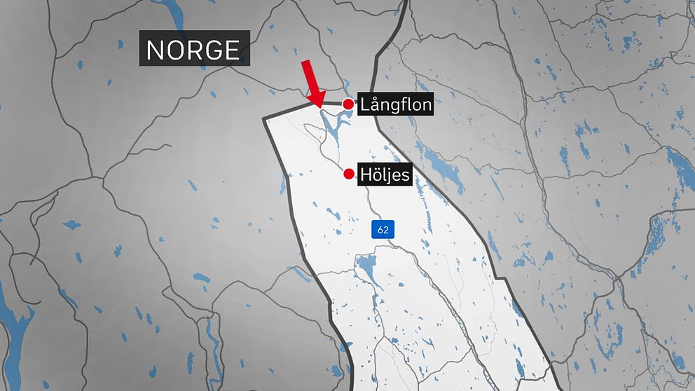 karta som visar var Olyckan inträffade på riksväg 62 strax före Långflon och gränsen mot Norge