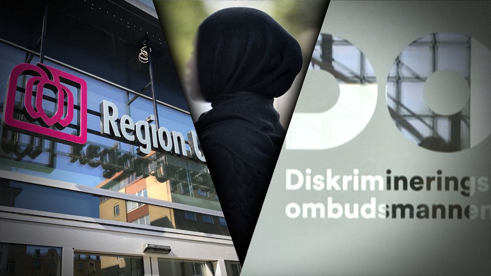 Kvinna i slöja under bilder på Region Uppsala och Diskrimineringsombudsmannen