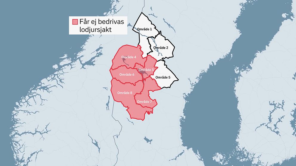 Karta över Sverige. Område markerat i rött där lodjursjakt inte får bedrivas.