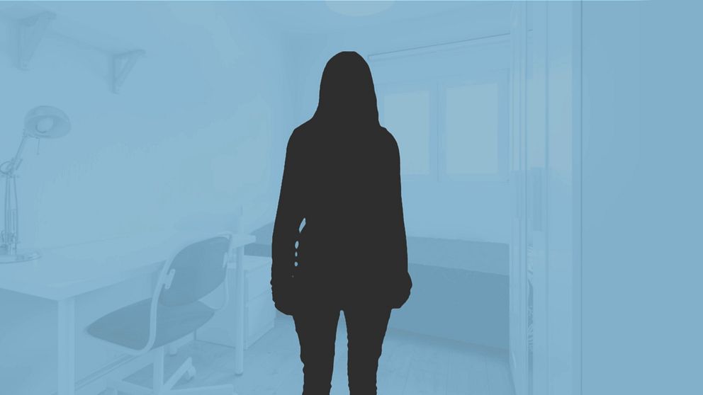 En grafikbild över en ung flicka som står i ett rum.