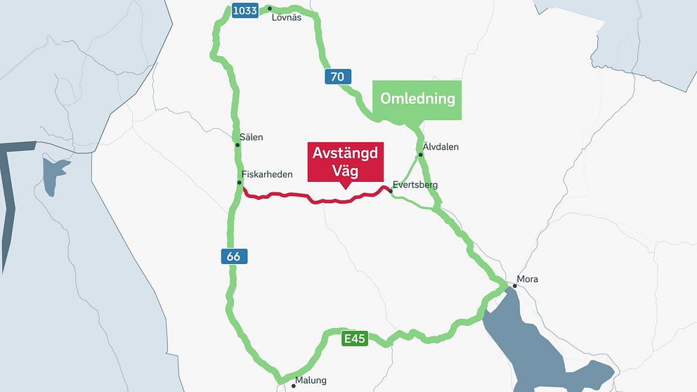Karta som visar avstängd vägsträcka och alternativa omledningsvägar markerade.