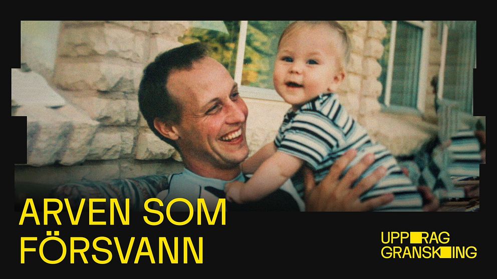 Delad bild. Vänster: Text ”Arven som försvann”. Höger: En vuxen person håller ett barn.