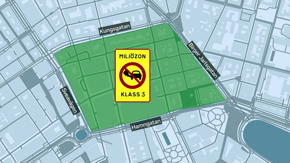 Karta över området i Stockholms innerstad, som kommer att ingå i  miljözonklass 3. Området ligger innanför Kungsgatan, Birger Jarlsgatan, Hamngatan och Sveavägen.