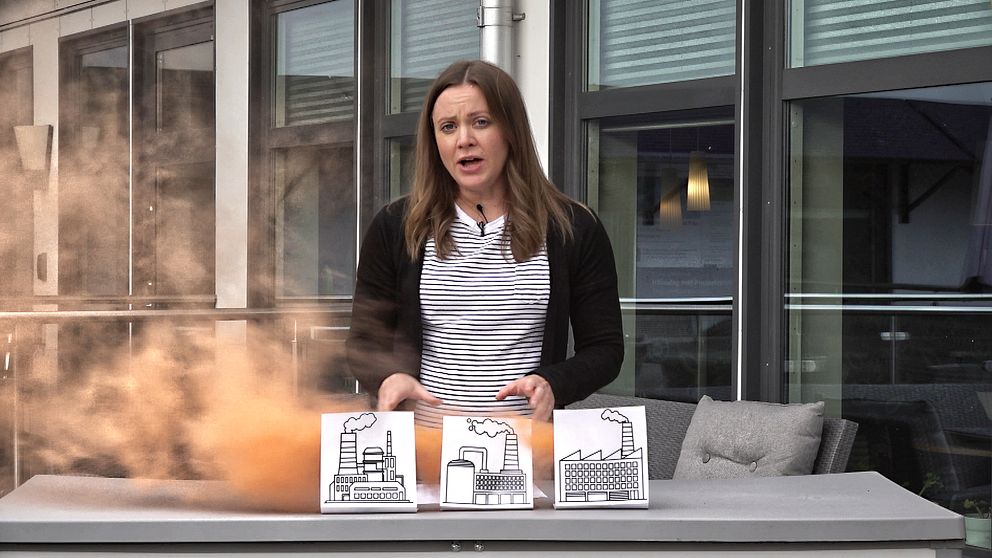 SVT Dalarnas reporter tittar mot kameran. Framför syns grafik föreställande industrier med rykande skorstenar.