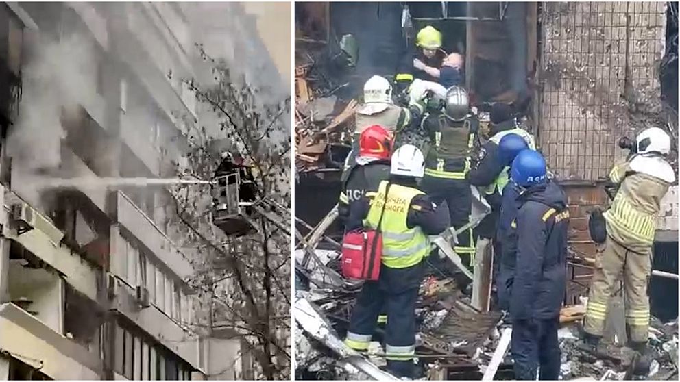 Ukrainsk räddningstjänst släcker en brand i ett höghus och räddar en person.