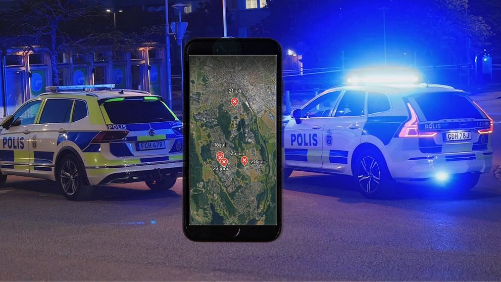 Telefon med karta som visar var skjutningar har skett