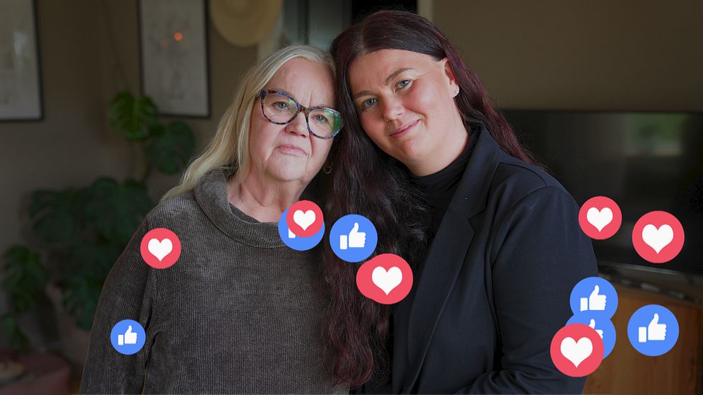 Två personer står nära varandra inomhus. Gilla- och hjärtsymboler svävar i förgrunden.