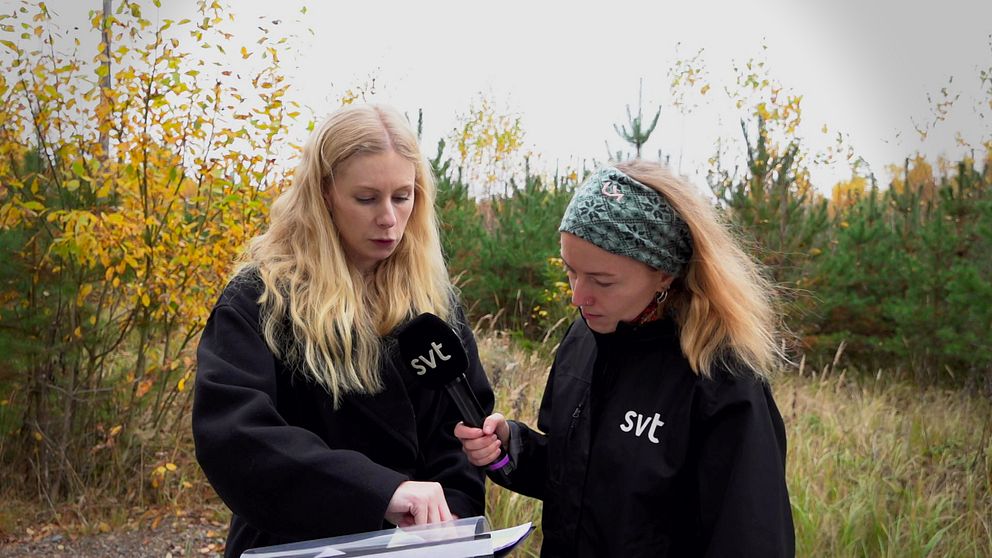 Två personer står i en skogsområde omgiven av höstfärger. Den ena personen pekar på ett papper eller en karta, medan den andra håller en mikrofon med SVT:s logotyp. Bakgrunden består av träd och grönska som indikerar en utomhusintervju eller rapportering.