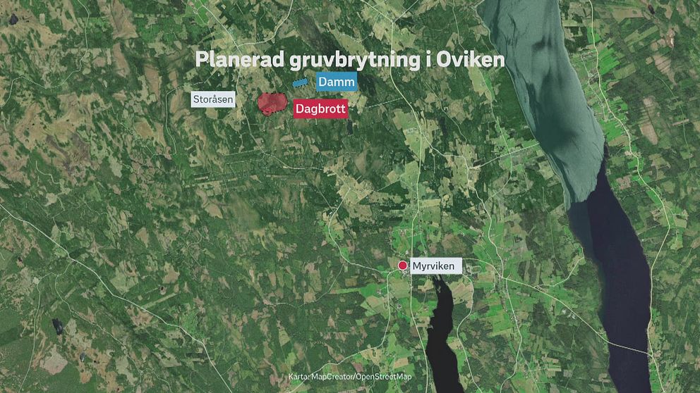 Karta över Oviken, där det är utmarkerat ett dagbrott och en damm.