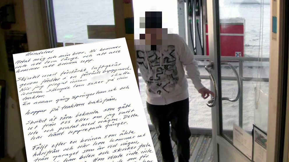 En bild på ett handskrivet brev och en pixlad bild på mannen som åtalas för mordet i lainio.