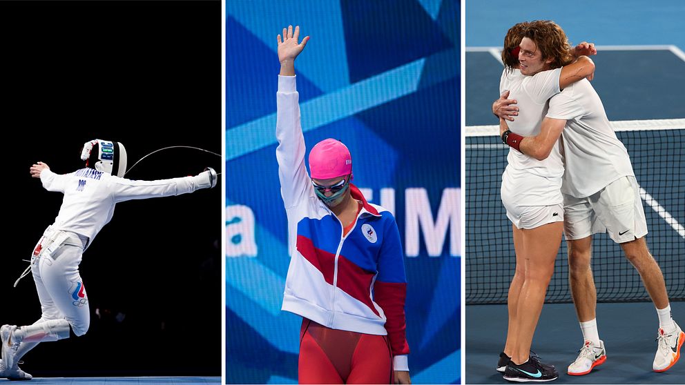 Tre olika bilder från fäktning, simning och tennis