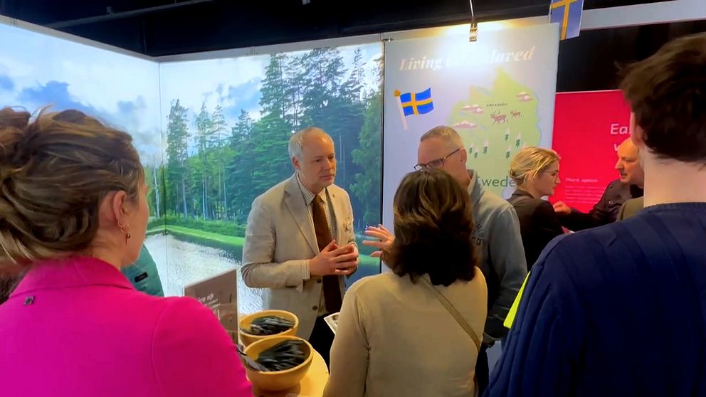 Anton Sjödell (M) samtalar med besökare på emigrationsmässan i Nederländerna.