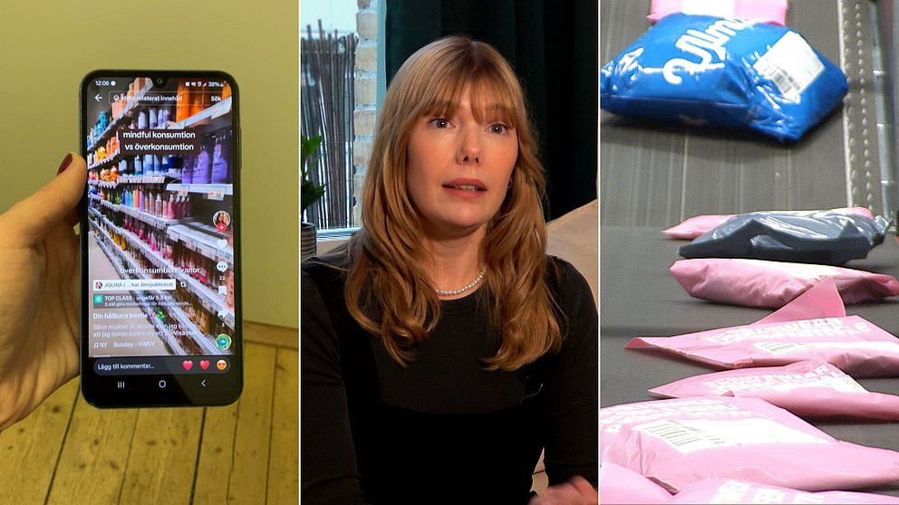 Vänsterbild: en mobiltelefon som visar ett TikTok-konto. Mitten: Halvbild på Emily Dahl. Höger: Shoppingpåsar som rullar på ett band.