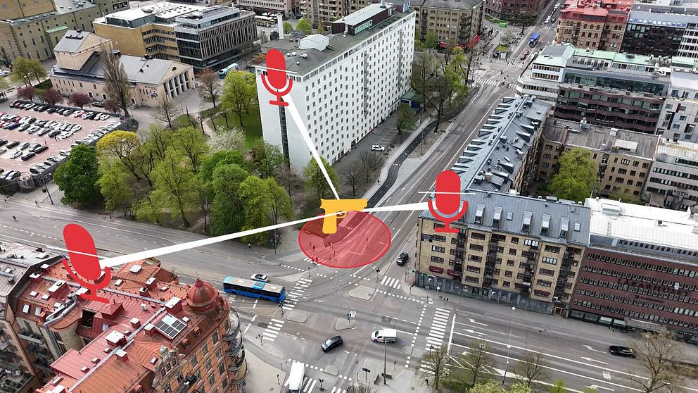 Drönarbild på Heden i Göteborg med grafik som visar mikrofoner på var sin sida om en pistol.
