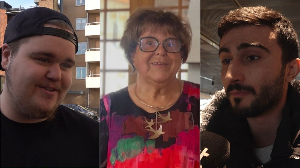 En delad bild med tre olika personer. En ung kille i keps, en pensionerad kvinna i sitt hem och en ung kille med svart jacka.