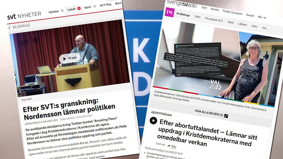 En delad bild som visar två nyhetsartiklar på svenska. Vänster sida visar en artikel från SVT Nyheter med rubriken ”Efter SVT:s granskning: Nordensson lämnar politiken,” med en person som talar vid ett podium. Höger sida visar en artikel från Sveriges Radio om abortlagstiftning, samt en bild med text som förklarar konsekvenserna av ett uppdrag kopplat till Kristdemokraterna. Bakgrunden på bilden är blå med texten ”KD.”