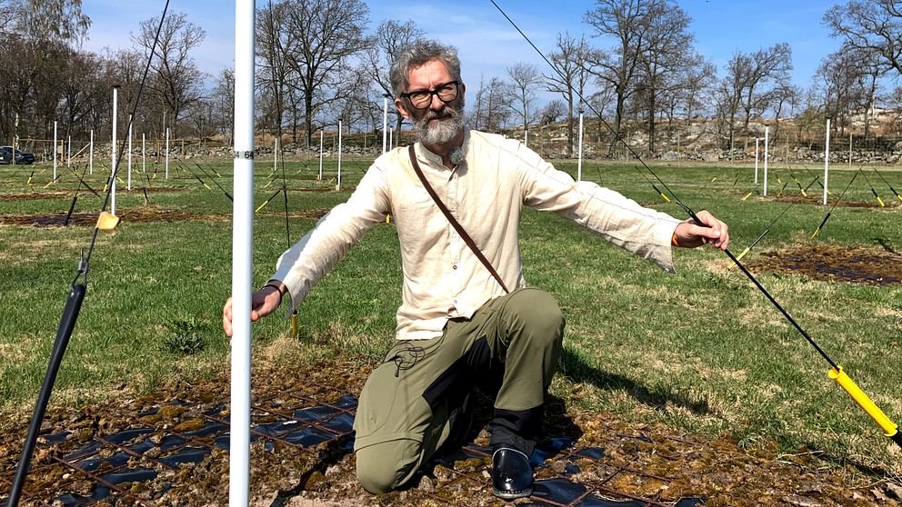 Tobia Carozzi står vid den låga delen av Lofarteleskopet i Onsala.