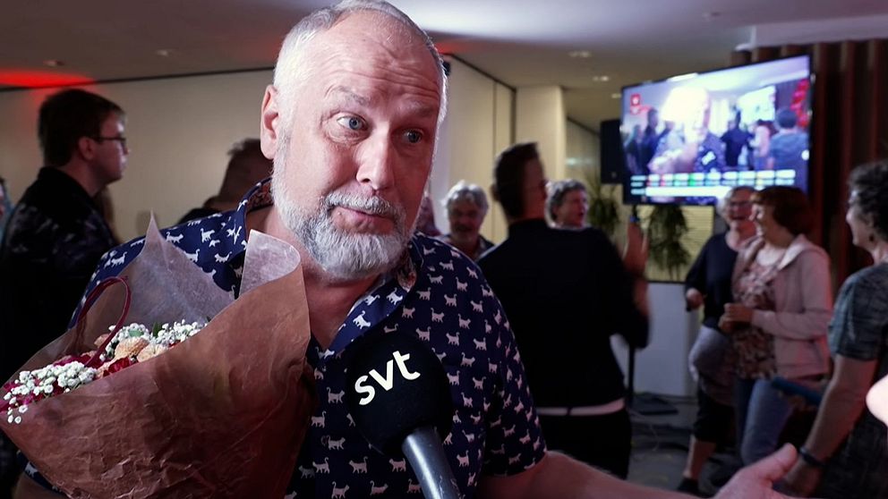 Jonas Sjöstedt, Vänsterpartiet, på valvakan med sitt parti.