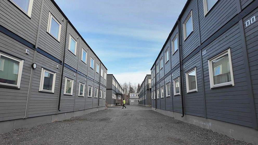 Synlig väg mellan två rader av gråbyggda modulhus med fönster, under en ljusblå himmel. En person går längs vägen mellan husen.