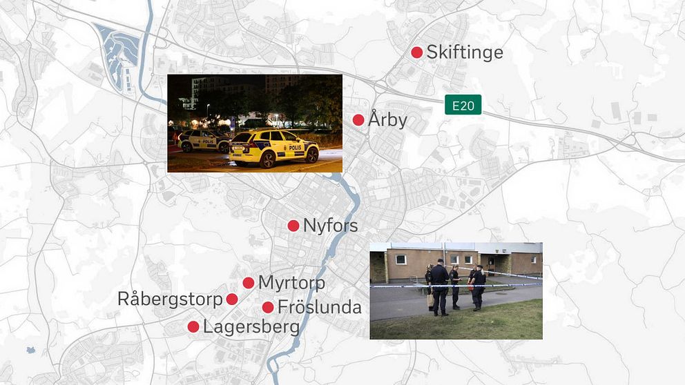 En karta över de sju stadsdelar i Eskilstuna som berörs av säkerhetszonerna.