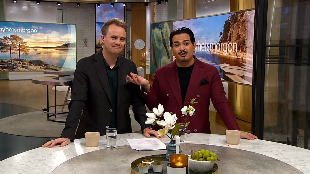 Morgonstudions programledare Pelle Nilsson och Alexander Letic i Nyhetsmorgon.