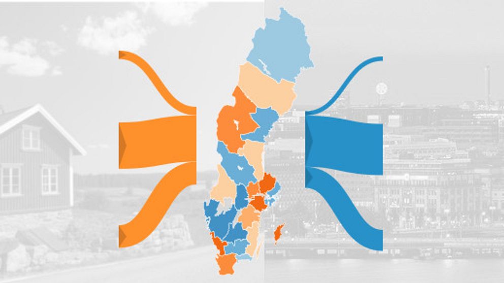 Kartbild över Sverige med regionerna i olika nyanser av orange och blå för att symbolisera flyttströmmar.