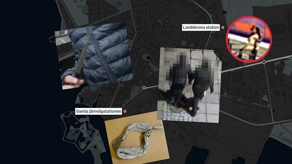 Olika bilder från förundersökningen på Emilia i Landskrona – silvertejp, kniv, Emilia på tågstationen och de misstänkta flickorna.