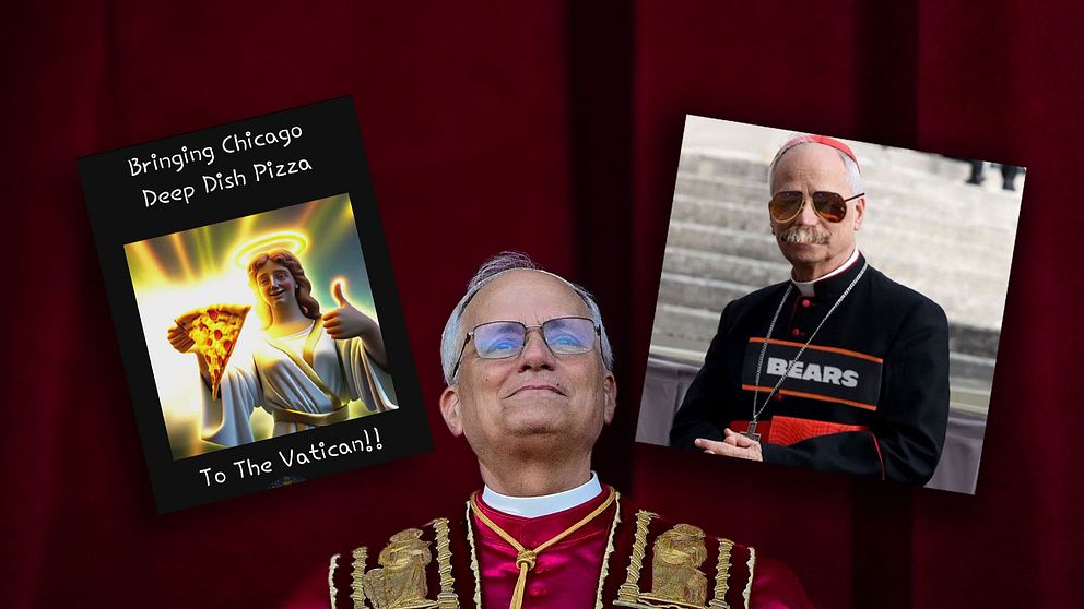 Kollage med påven Leo XIV och två av memesen som sprids på nätet: en poster som säger ”Brining Chicago Deep Dish Pizza To the Vatican” , samt en bild med påven i Chicago-tröja.