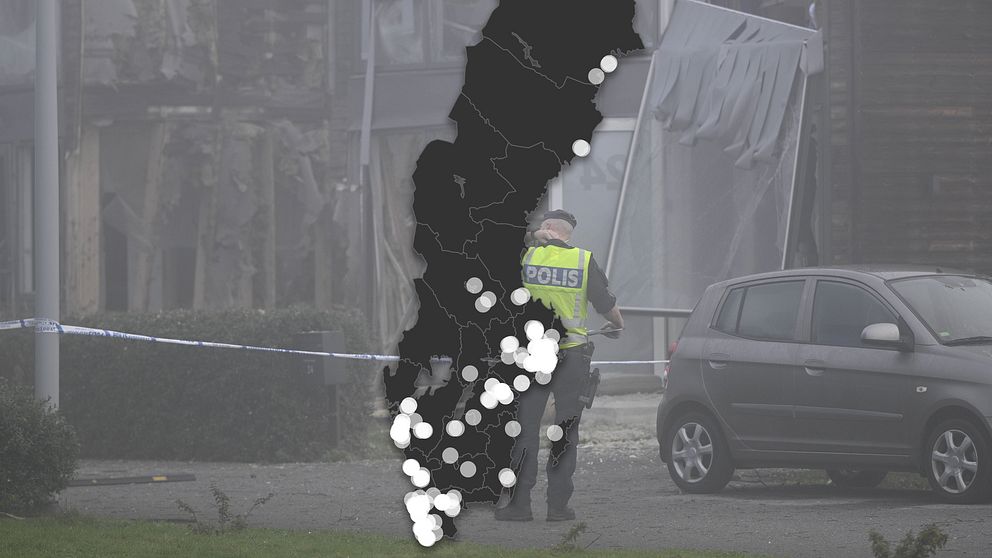 Karta över var det inträffat sprängningar i Sverige