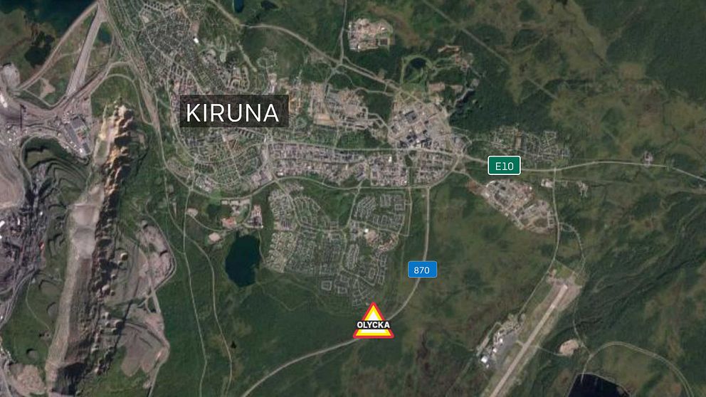 Karta över Kiruna med den ungefärliga platsen för dödsolycka markerad med triangel