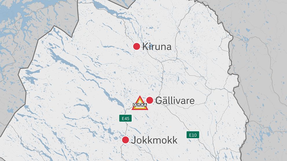 karta över norra Norrbotten med olycksplatsen markerad på E45 väster om Gällivare