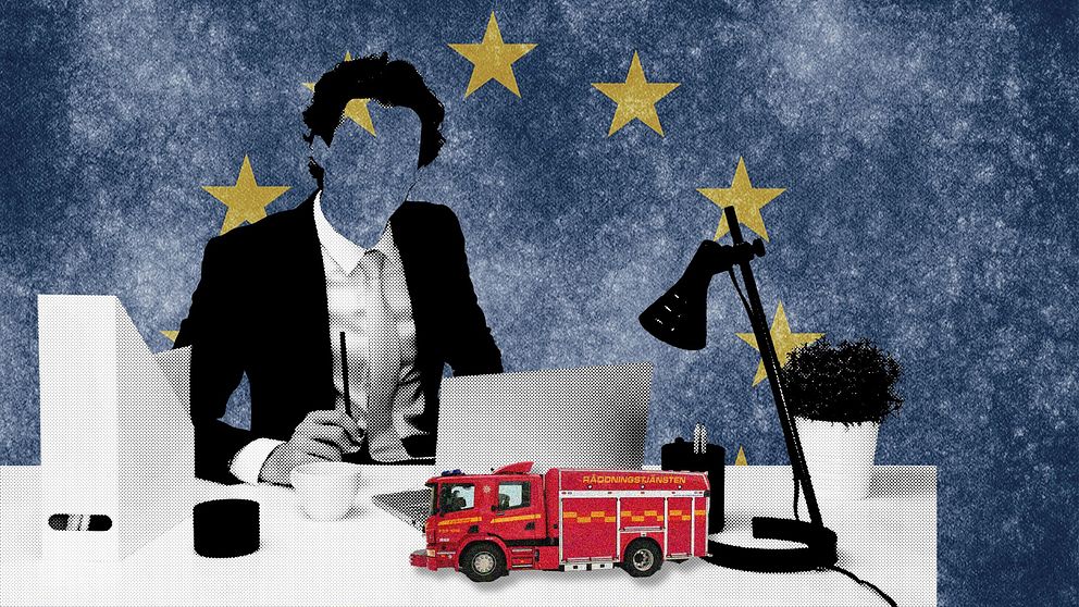 grafik som illustrerar EU:s inflytande över arbetstider, på bilden en person i kavaj vid ett skrivbord, en EU-flagga, en brandbil, en blomkruka, med mera