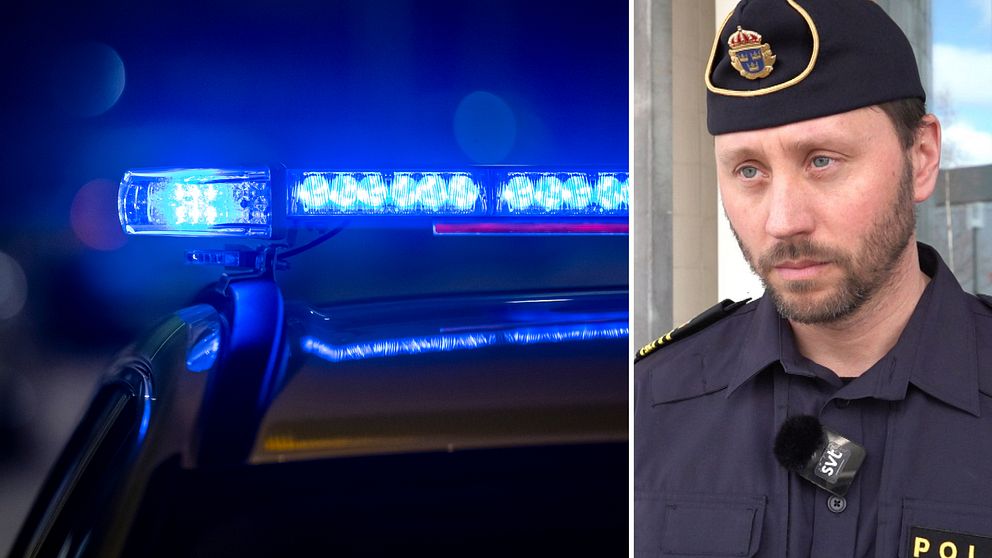 Dekad bild. Till vänster en närbild på polisirener som lyser blått, till höger en man i polisuniform och polishatt.