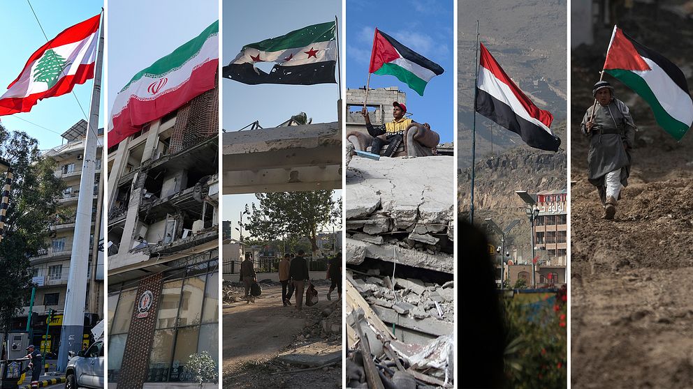 Flaggor för Libanon, Iran, Syrien, Palestina, Jemen och Gaza framför krigsscener.