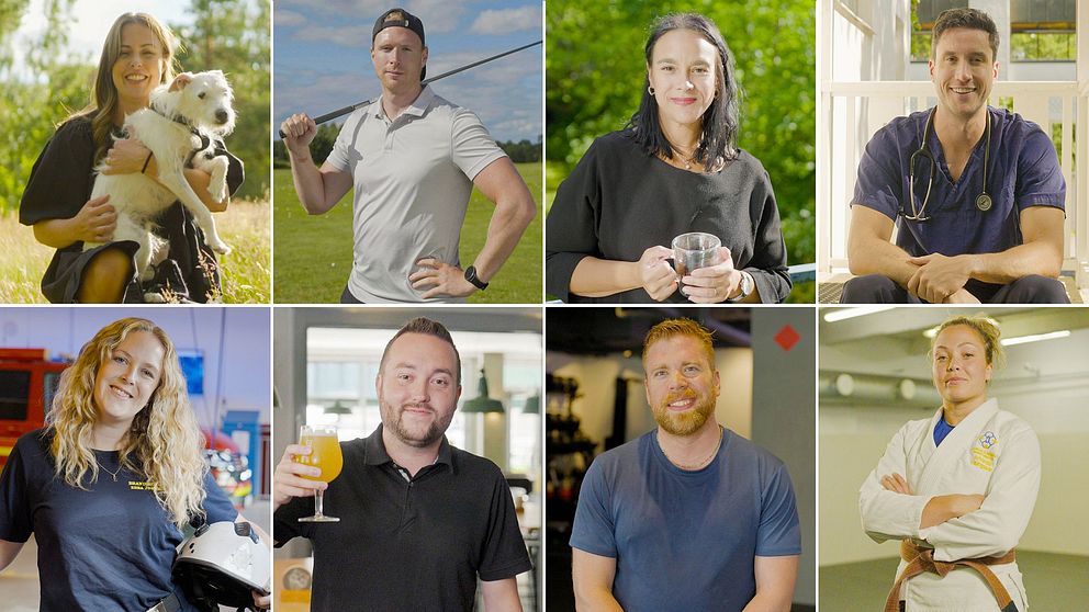 Åttadelad bild. Överst: Hundägare, golfspelare, man i blå skjorta. Nederst: Blond kvinna, man med dryck, man i blå t-shirt, dojoinstruktör.