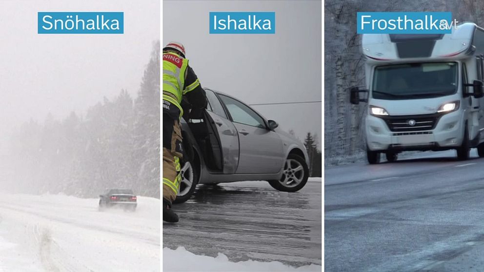 Exempelbilder på snöhalka, ishalka och frosthalka