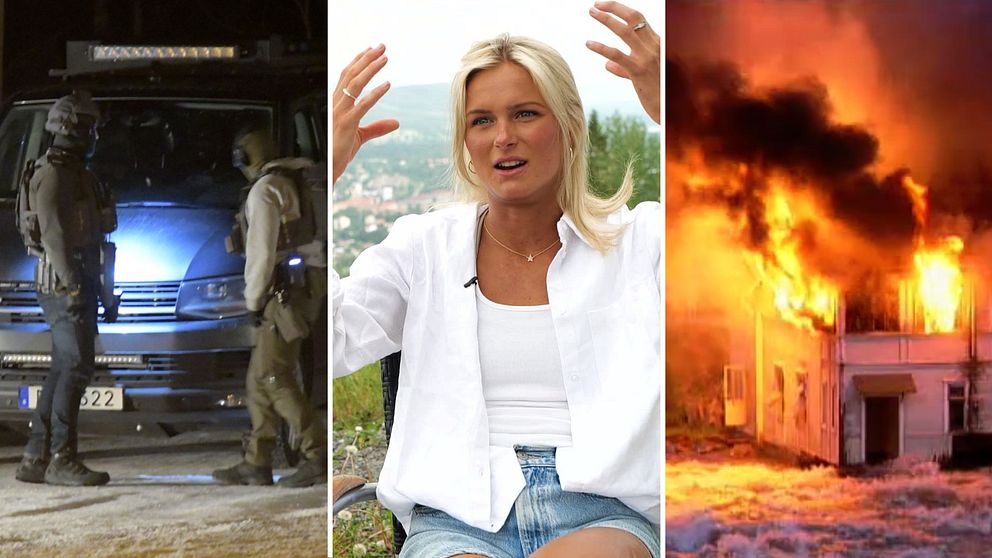 Bilden är ett montage av tre bilder. Polistillslag i Sundsvall, längdskidåkaren Frida Karlsson och ett hus i Torpshammar brändes ner i samband med översvämningen 2000.