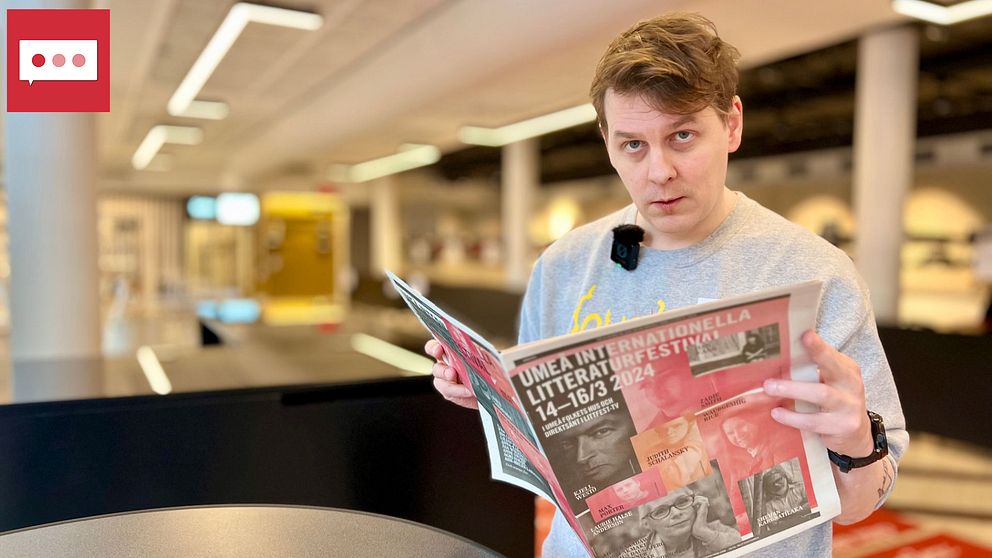 Koordinator för Littfest i Umeå, läser tidning