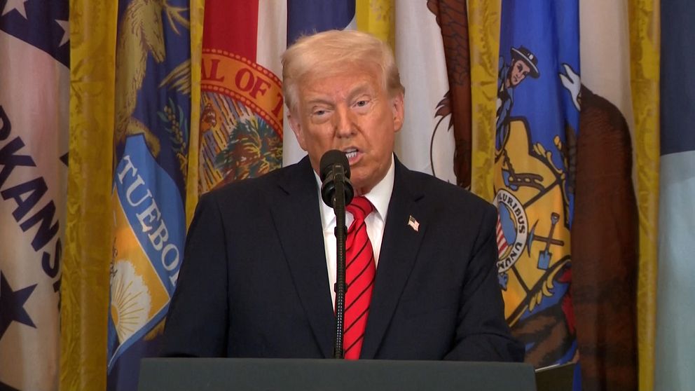 Person i kostym står vid podium framför USA-delstatsflaggor.