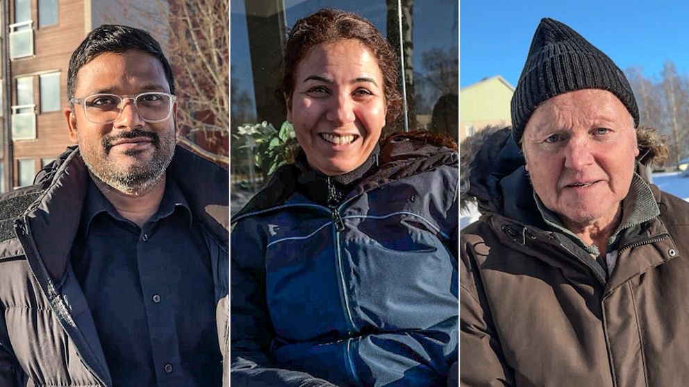 Tre personer är klädda i vinterjackor och vistas utomhus. De är uppdelade i separata sektioner med urban miljö och soliga väderförhållanden i bakgrunden.