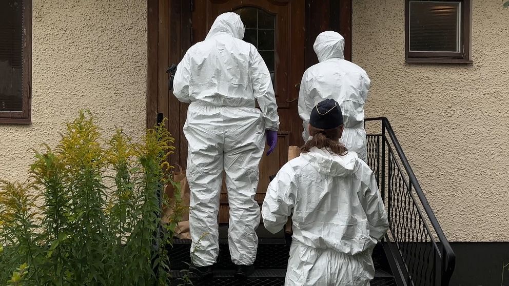 Tre personer i skyddsdräkter står på en trappa framför en dörr. Personerna är vända bort från kameran, med en av dem som bär handskar och en annan med en mössa. Området runt trappen har grön vegetation.