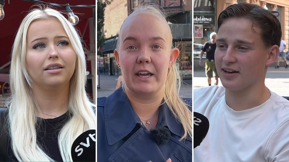Tre personer framträder i en delad bild. Den första personen till vänster har långt, ljust hår och bär en svart tröja med en logotyp. Personen i mitten har blont hår samlat i en hästsvans och bär en blå jacka. Den tredje personen till höger har kort, mörkt hår och bär en vit T-shirt. Bakgrunden visar en livlig stadsbild med människor som rör sig. Klubbdöde, nattklubb, Karlskrona