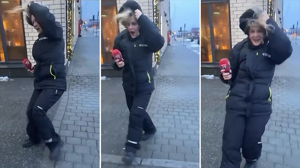 Här har VG:s reporter Kristina Kinne svårt att stå i den hårda vinden i Bodö i Norge. Hör henne berätta om stormen Ingunns framfart: ”Det är livsfarligt att vara ute”.