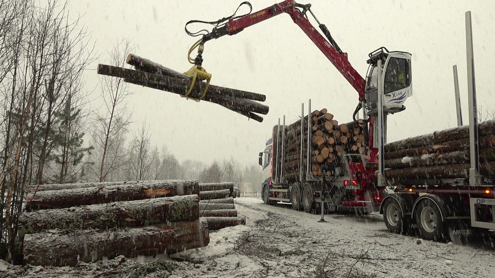 Lastbil med kran lastar timmer i ett snöigt landskap.