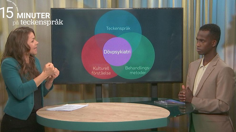 Maria Midbøe står till vänster och Abdi Mohamed står till höger. I mitten finns ett Venn-diagram där det står teckenspråk, kulturell förståelse, behandlingsmetoder och dövpsykiatri.