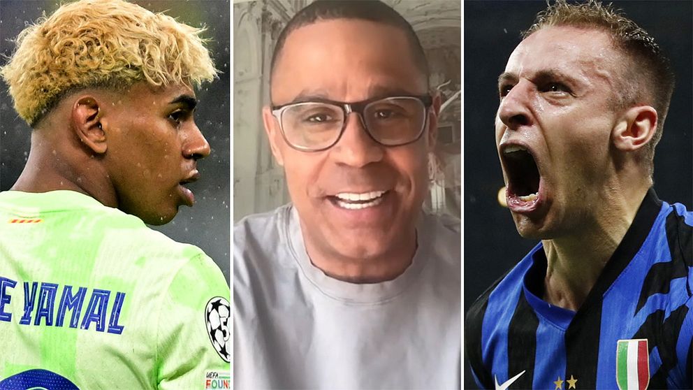 Tredelad bild. Till vänster fotbollsspelare med blå texten Yamal, i mitten person i vit tröja, till höger fotbollsspelare i blåsvart tröja med italiensk flagga.