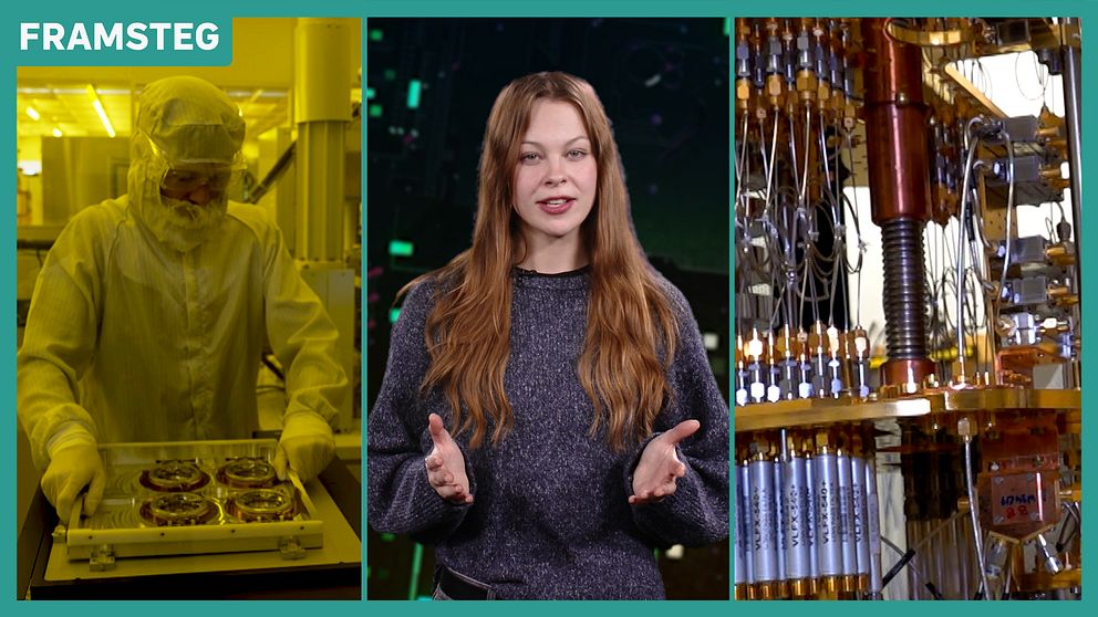 Forskare i labb, programledare och kvantdatorutrustning illustrerar kapplöpningen om kvantdatorn.