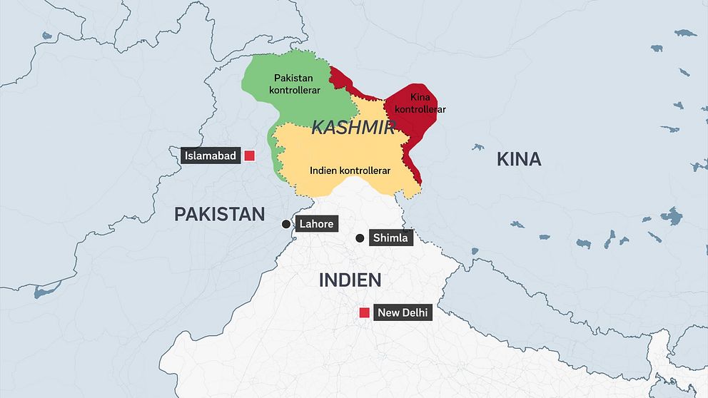 Karta över Kashmir med områden markerade för Indien, Pakistan och Kinas kontroll.