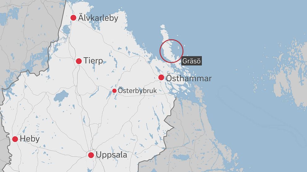 karta över nordöstra Uppsala län med ön Gräsö markerad med en ring